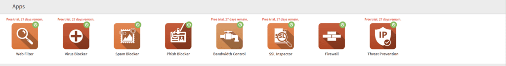 Firewall dashboard displaying active network security features and traffic monitoring