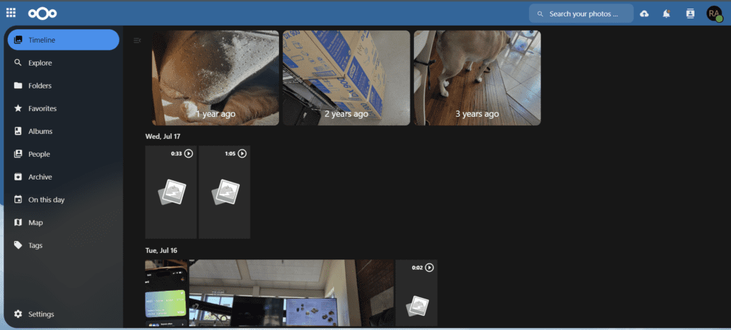 Nextcloud Memories app displaying personal photo library