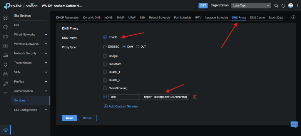 TP-Link Omada DNS Proxy settings page with DoH enabled and the AdGuard Home DoH URL configured