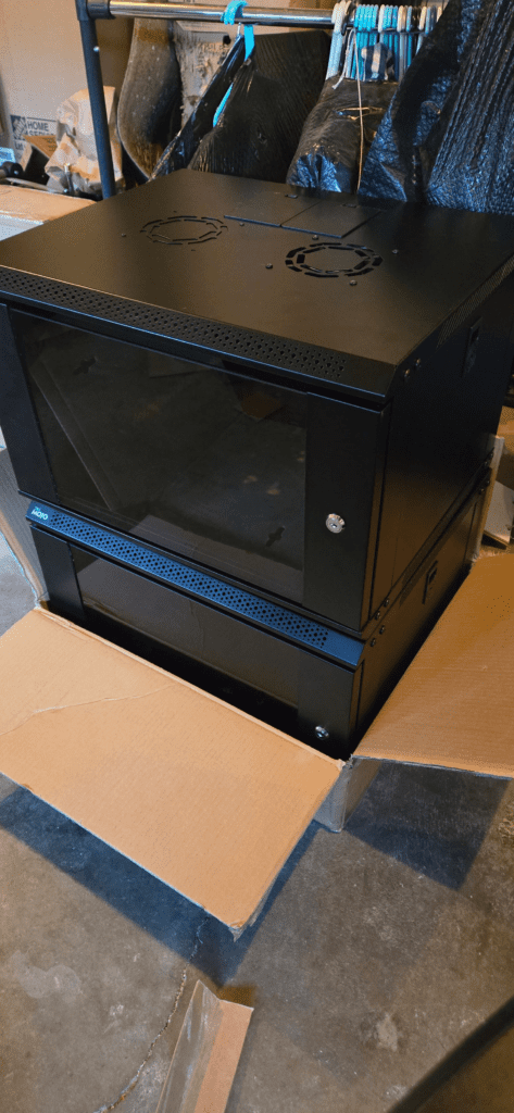 Cabinet network pre-assembly laid out in the garage before installation