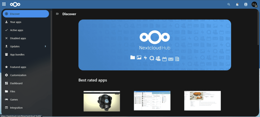 Nextcloud App Marketplace showing available apps and integrations