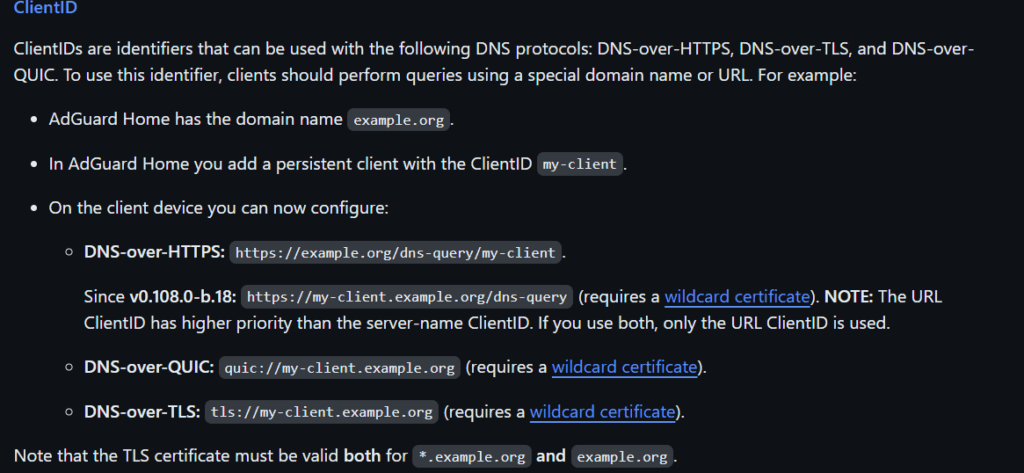 AdGuard Home DNS Settings page showing the Allowed Clients field with the Client ID 